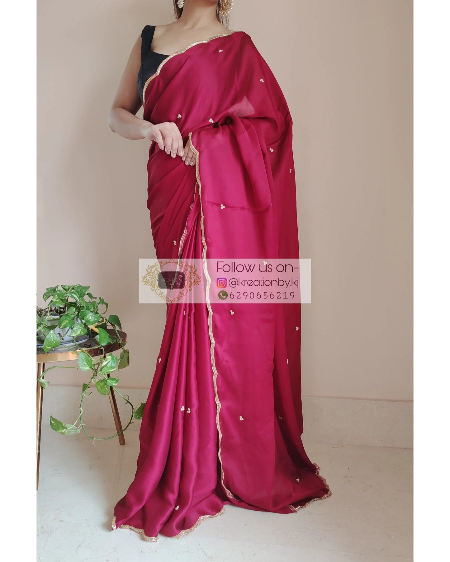 Maroon Crepe Silk Saree With Handembroidered Scalloping - kreationbykj