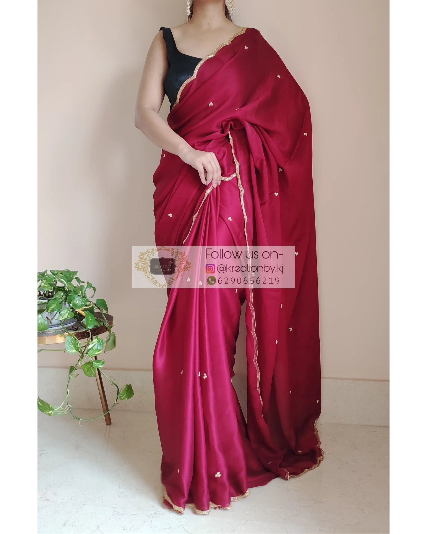 Maroon Crepe Silk Saree With Handembroidered Scalloping - kreationbykj