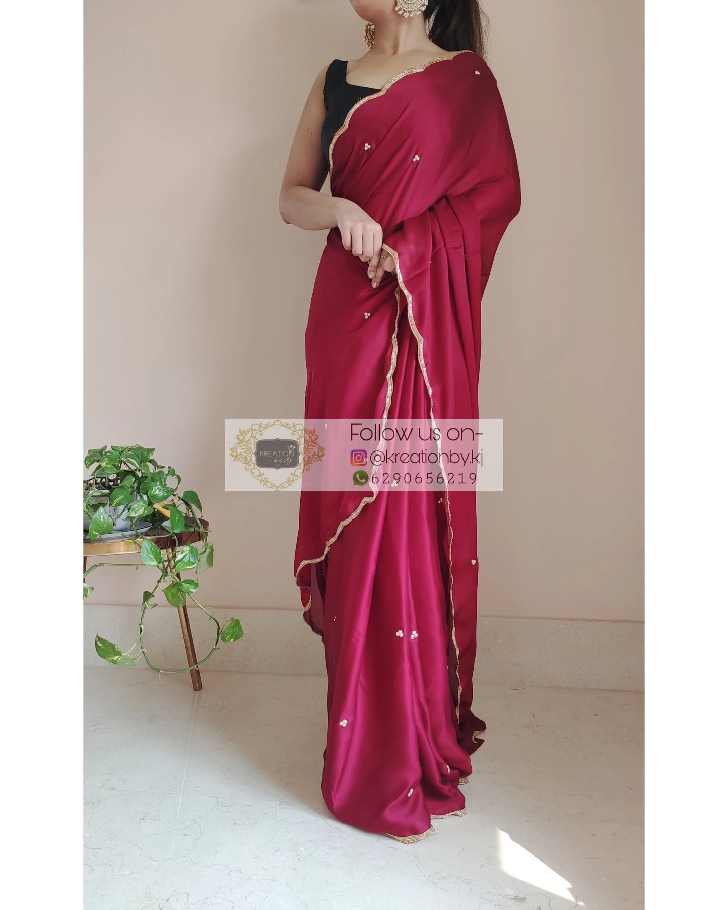 Maroon Crepe Silk Saree With Handembroidered Scalloping - kreationbykj