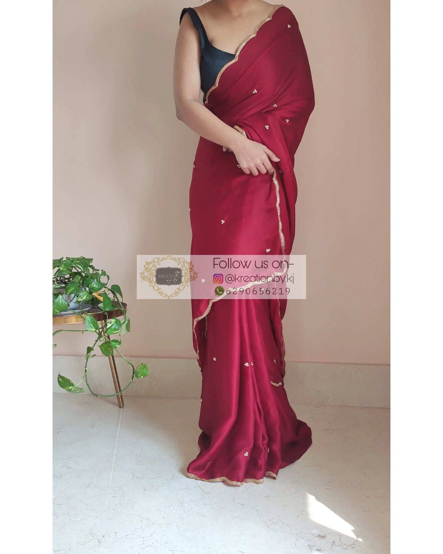 Maroon Crepe Silk Saree With Handembroidered Scalloping - kreationbykj