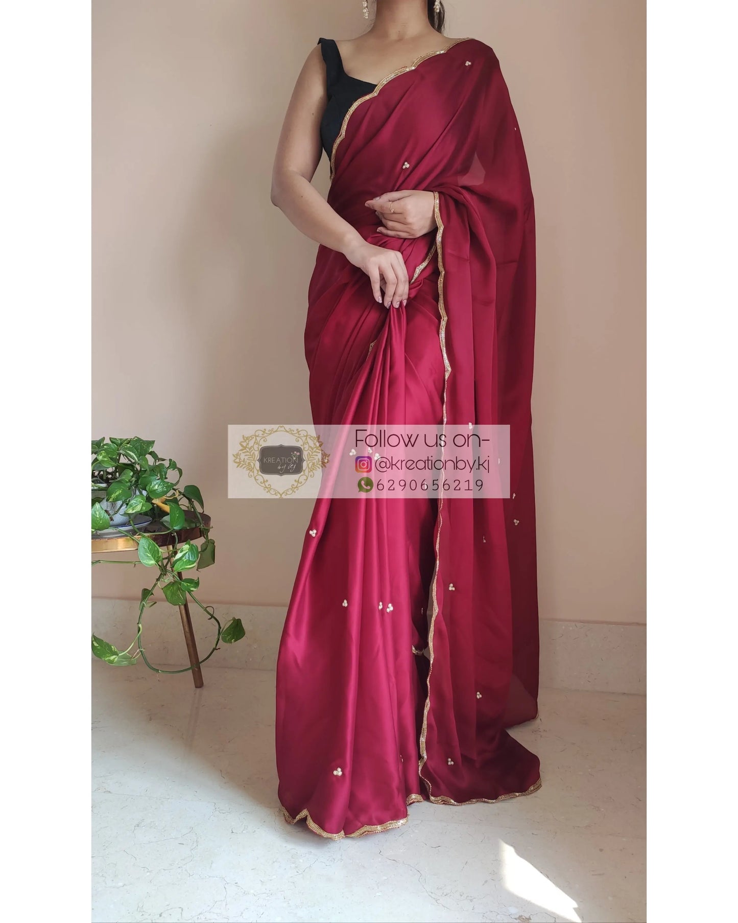Maroon Crepe Silk Saree With Handembroidered Scalloping - kreationbykj
