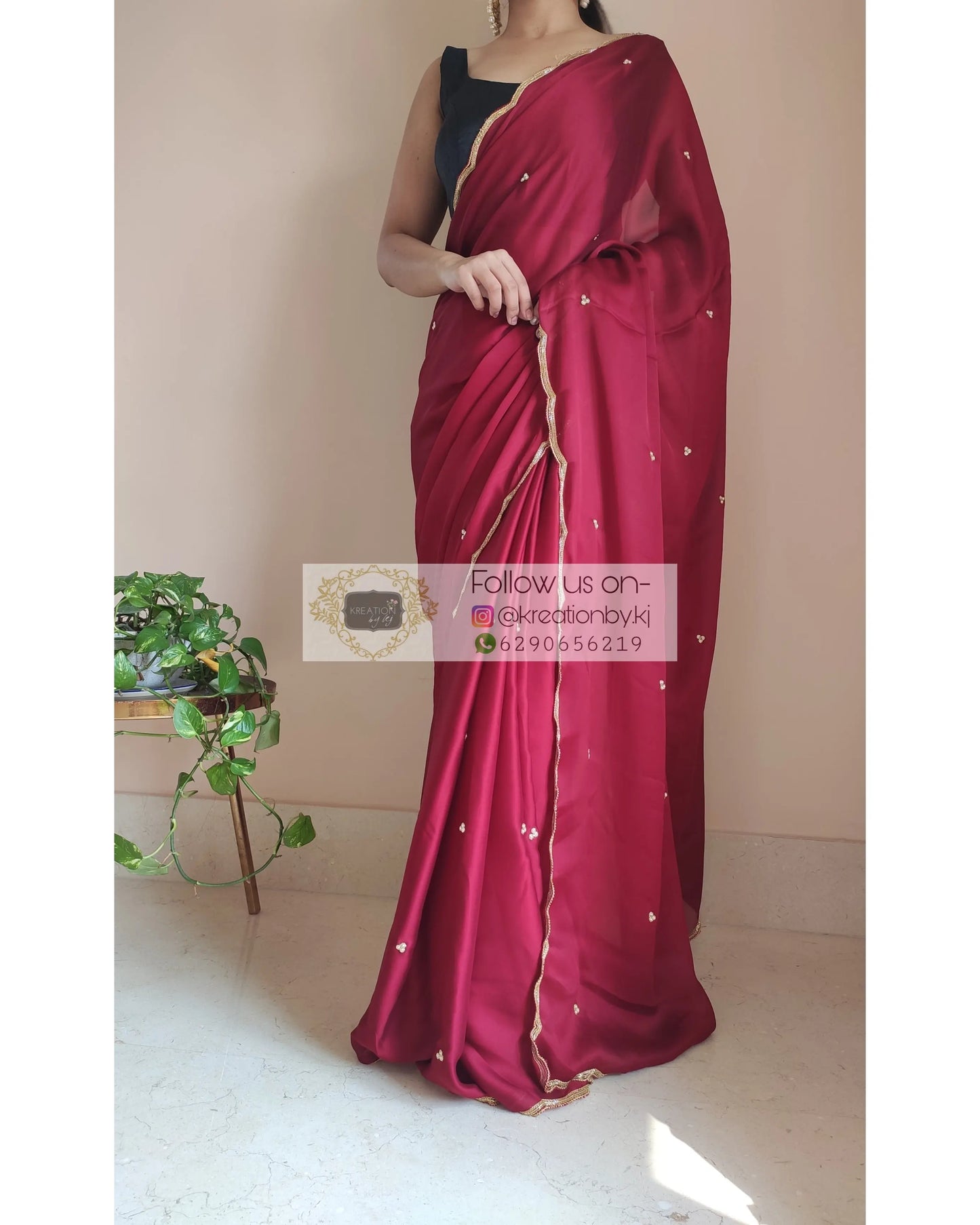 Maroon Crepe Silk Saree With Handembroidered Scalloping - kreationbykj