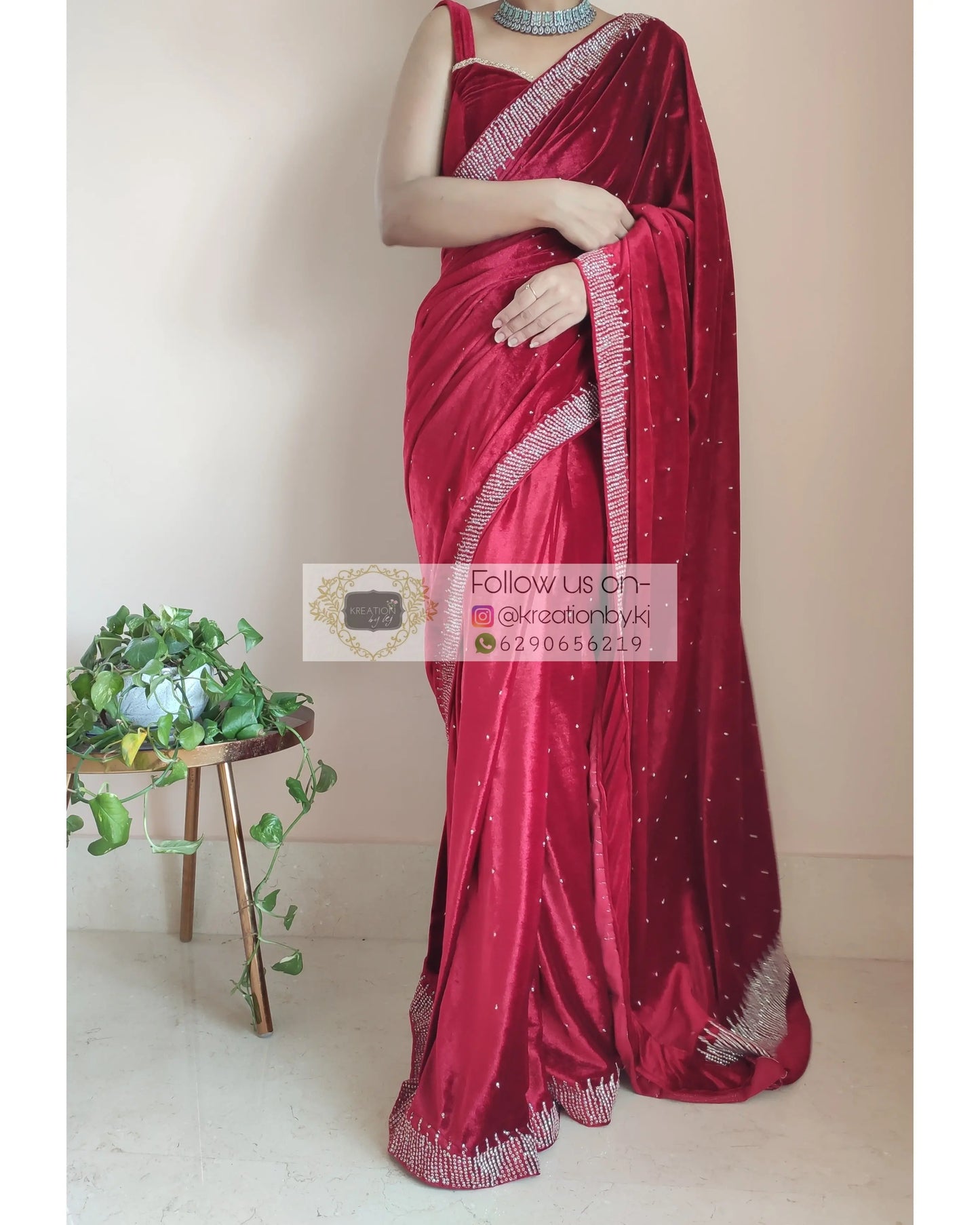 Maroon Velvet Sitara Saree - kreationbykj