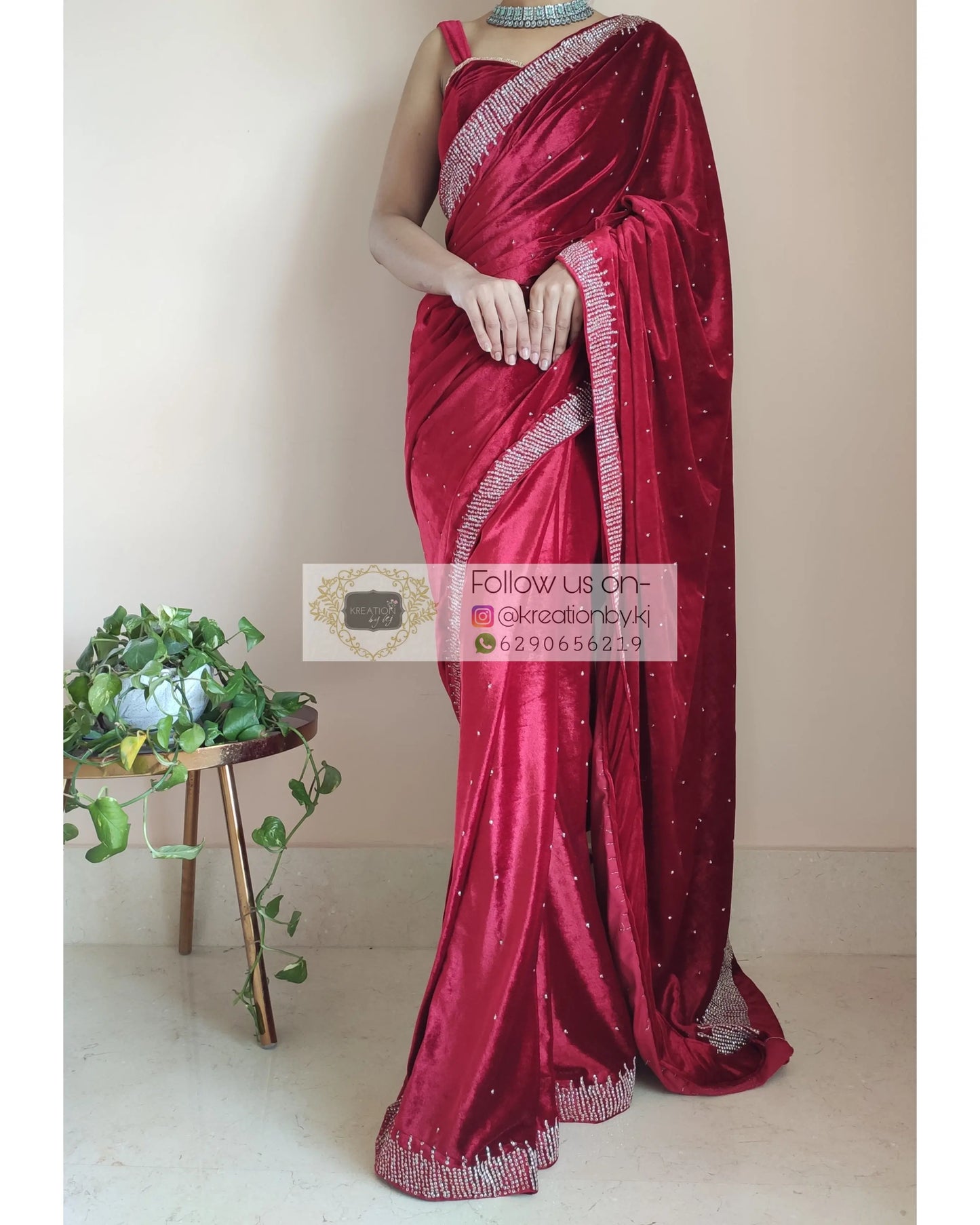 Maroon Velvet Sitara Saree - kreationbykj