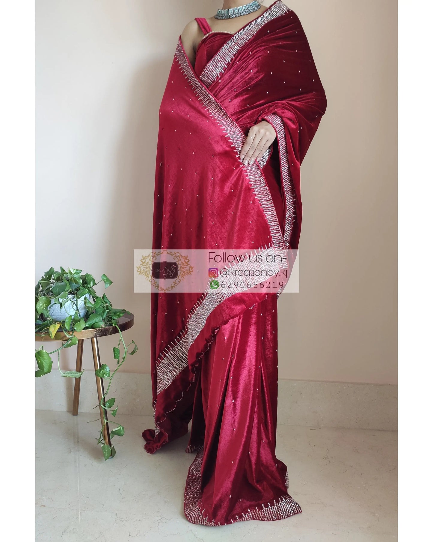 Maroon Velvet Sitara Saree - kreationbykj