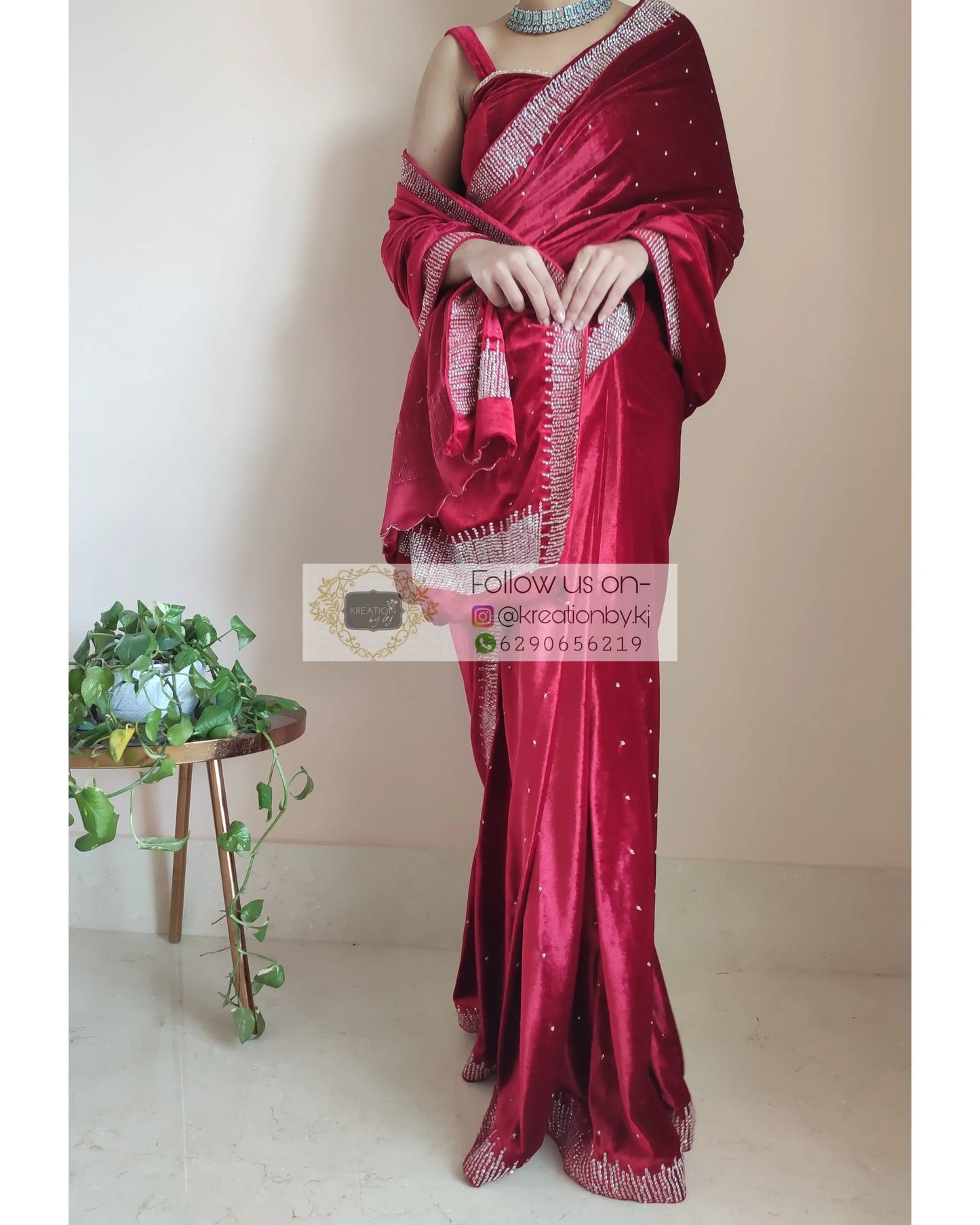 Maroon Velvet Sitara Saree - kreationbykj