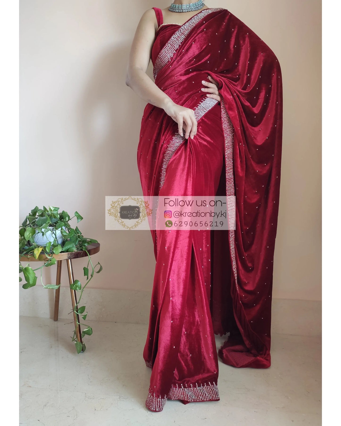 Maroon Velvet Sitara Saree - kreationbykj