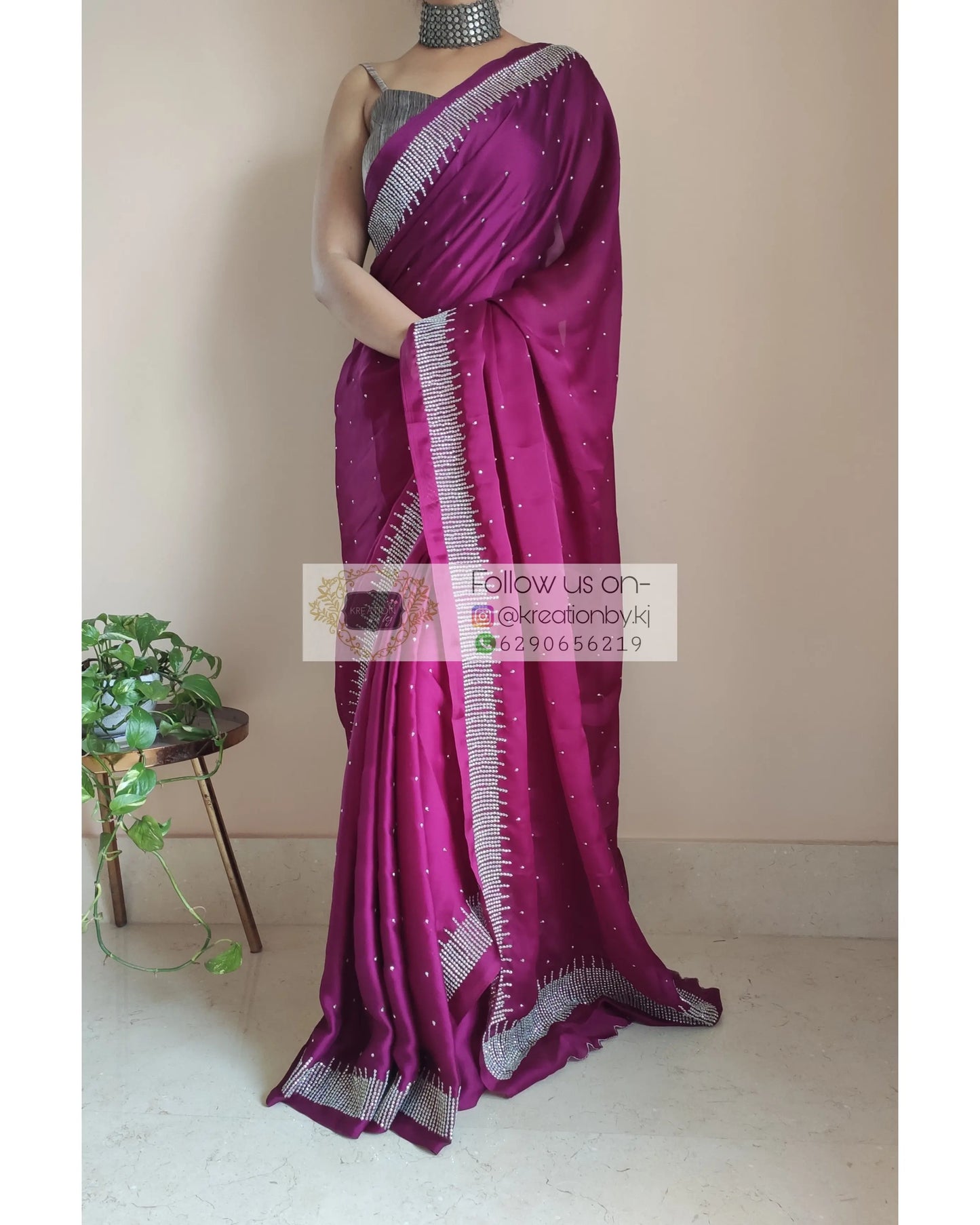 Wine Crepe Silk Sitara Saree - kreationbykj