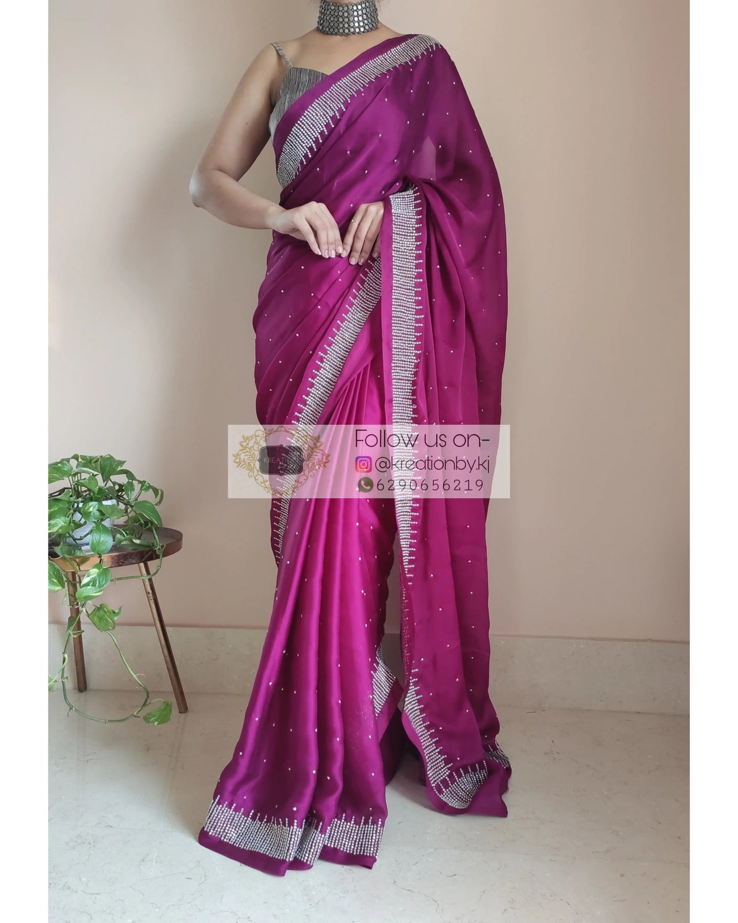 Wine Crepe Silk Sitara Saree - kreationbykj