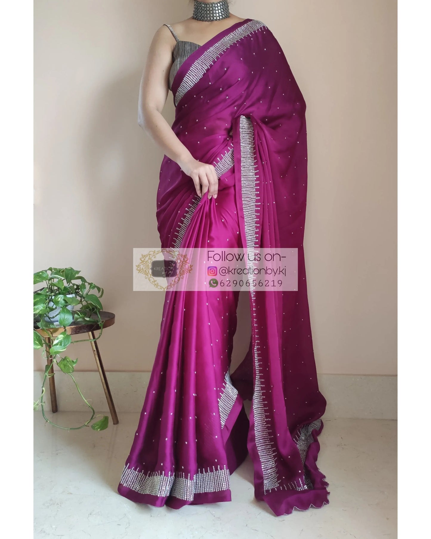 Wine Crepe Silk Sitara Saree - kreationbykj