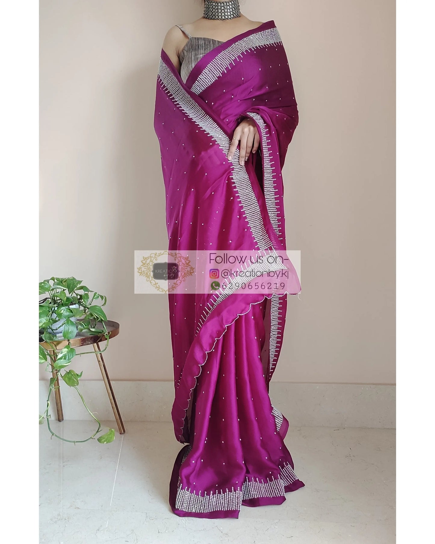 Wine Crepe Silk Sitara Saree - kreationbykj