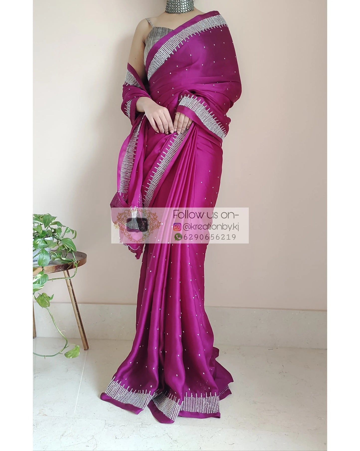 Wine Crepe Silk Sitara Saree - kreationbykj