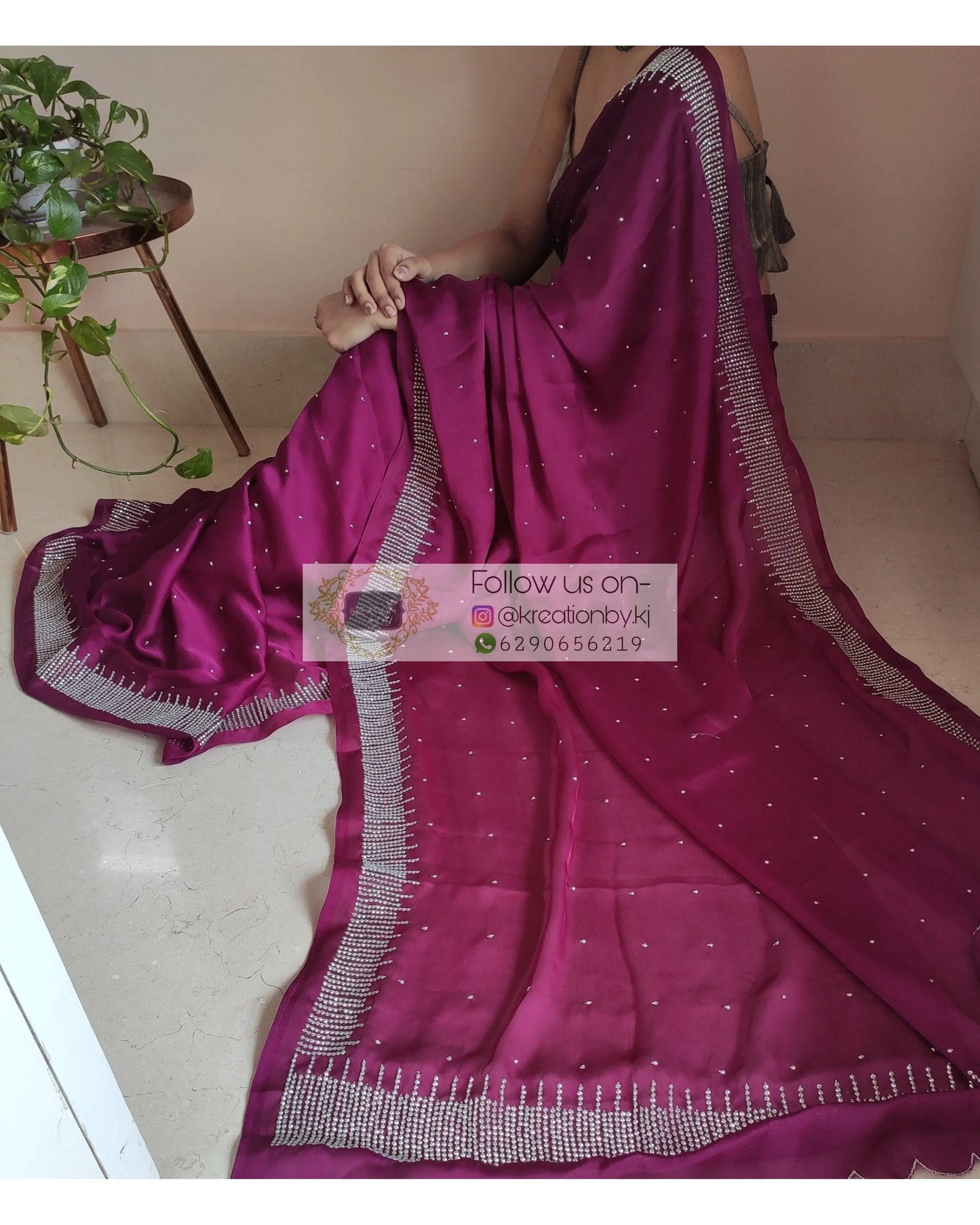 Wine Crepe Silk Sitara Saree - kreationbykj