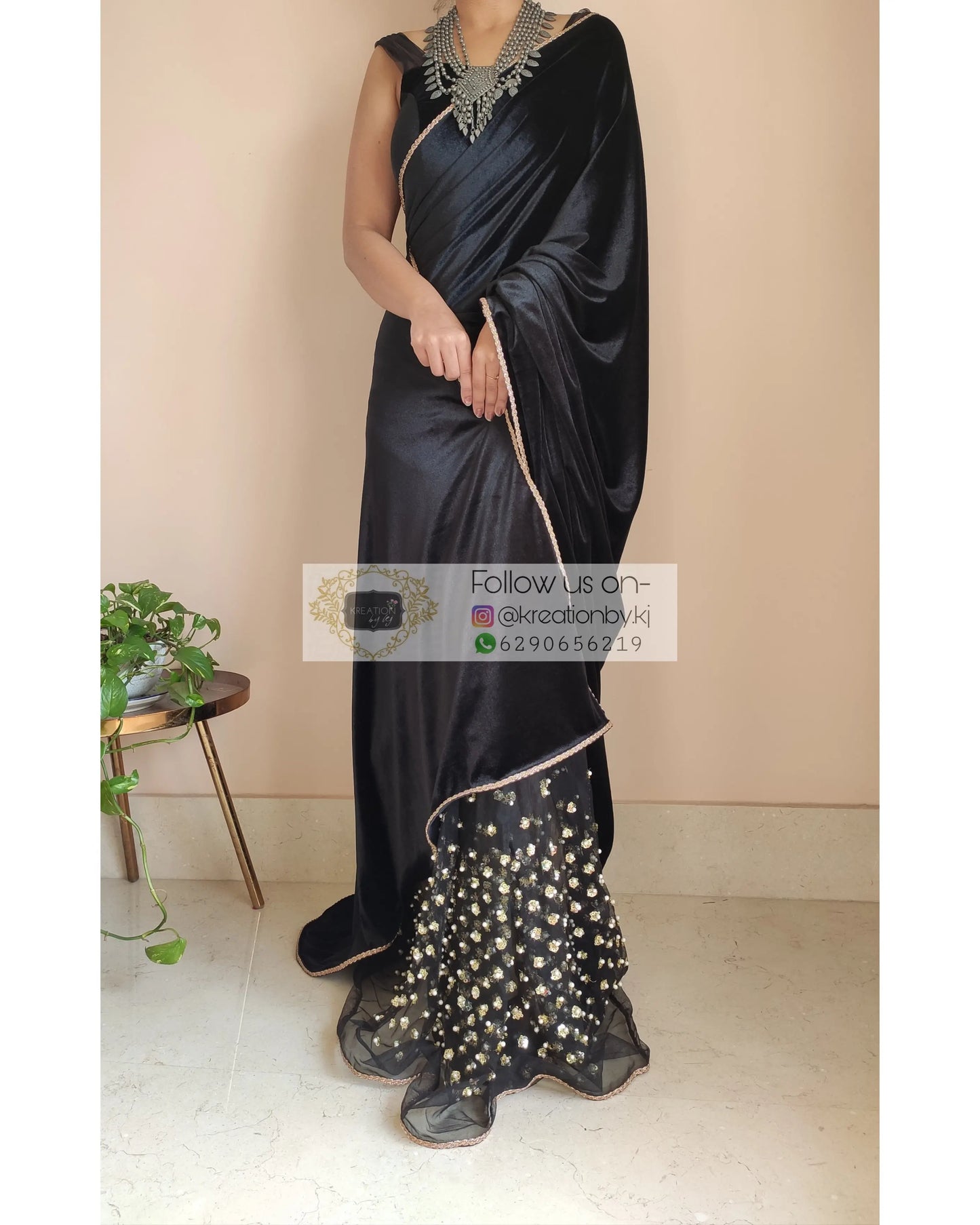 Black Velvet And Net Embellished Saree - kreationbykj
