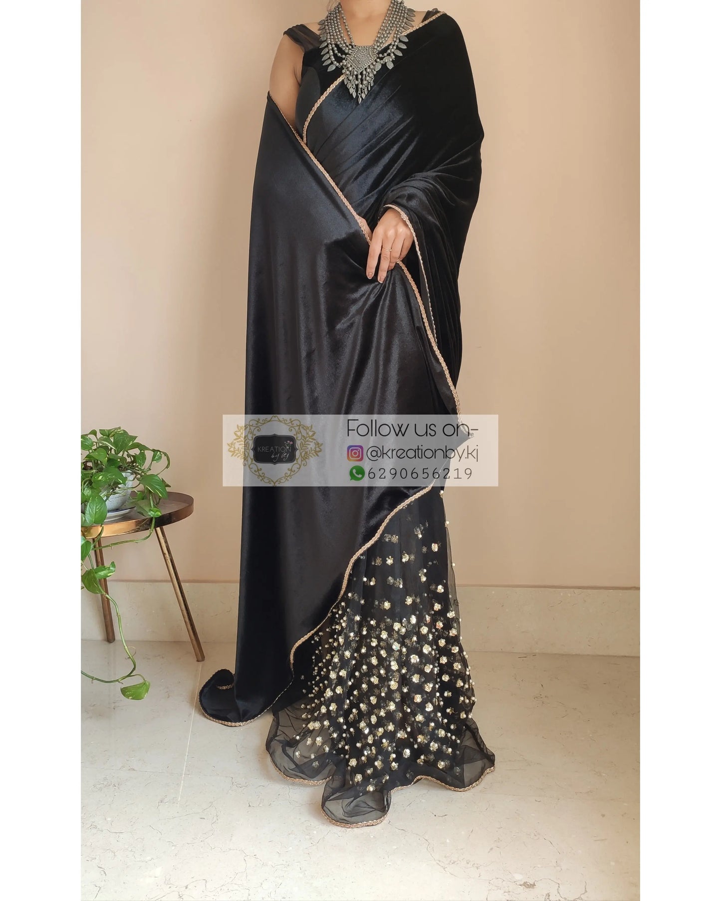 Black Velvet And Net Embellished Saree - kreationbykj