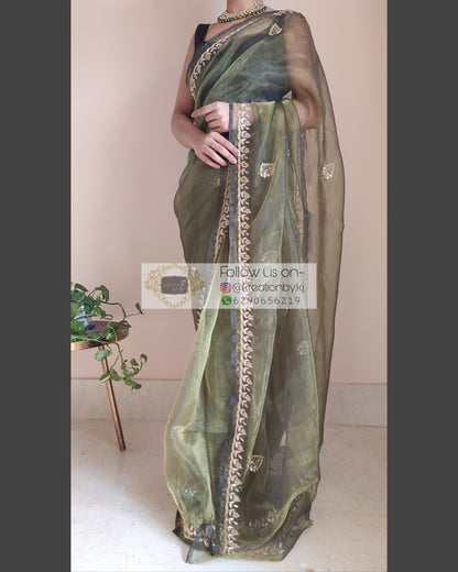 MIlitary Green Glass Tissue Saree With Gota Patti Border - kreationbykj
