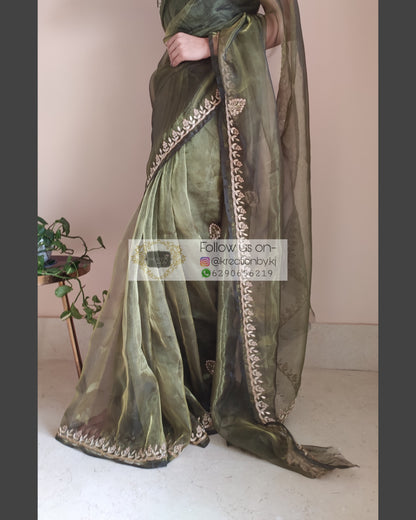 MIlitary Green Glass Tissue Saree With Gota Patti Border - kreationbykj