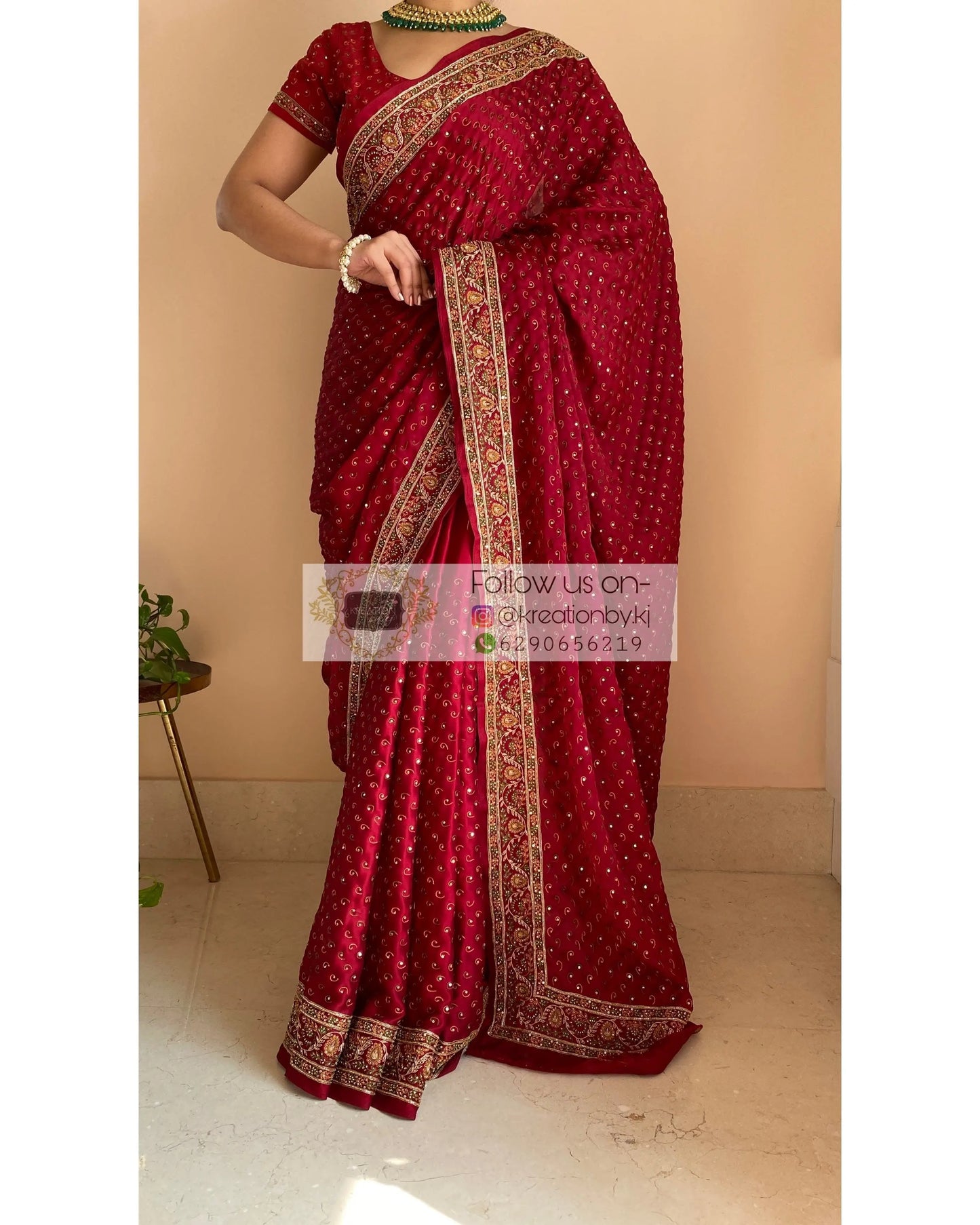 Maroon Bridal Handembroidered Saree - kreationbykj