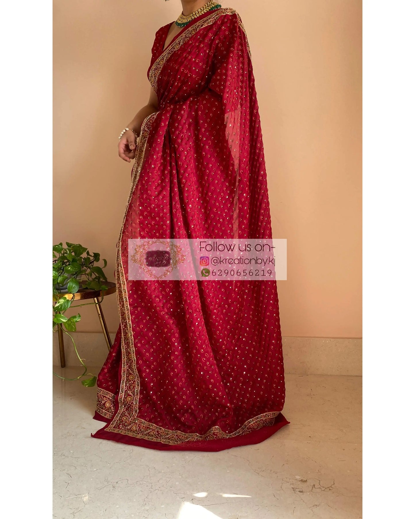 Maroon Bridal Handembroidered Saree - kreationbykj