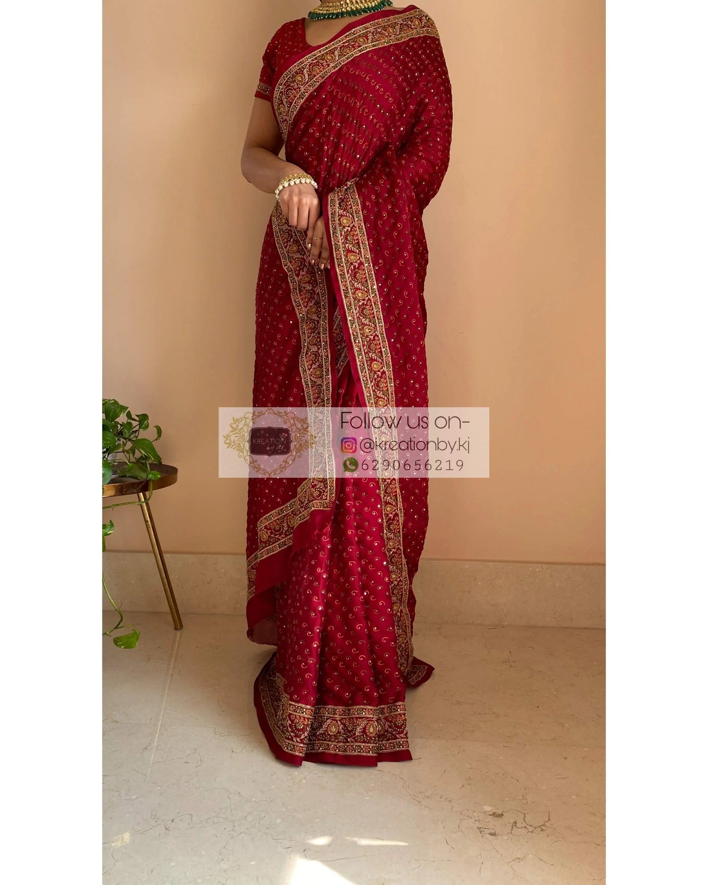 Maroon Bridal Handembroidered Saree - kreationbykj