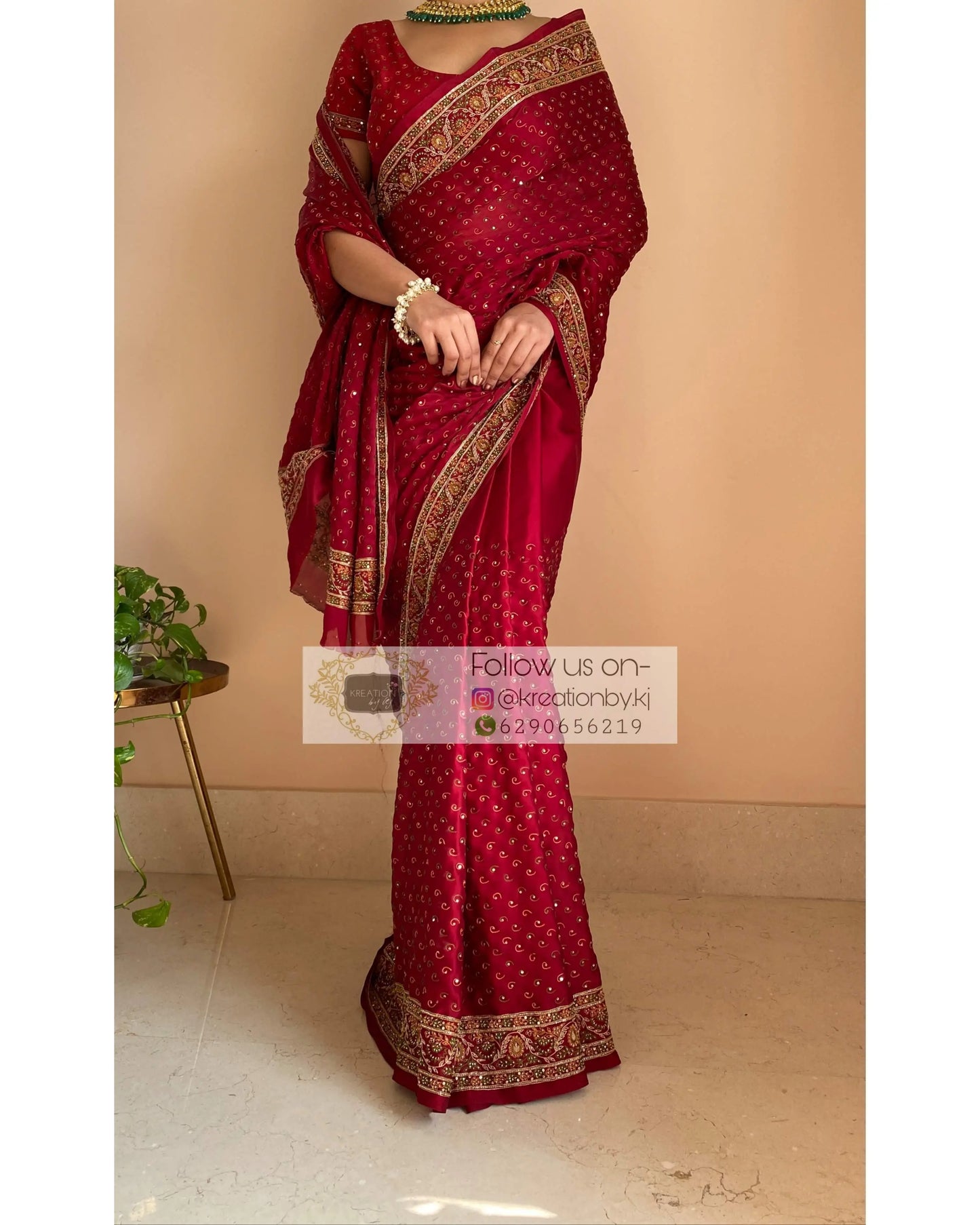 Maroon Bridal Handembroidered Saree - kreationbykj