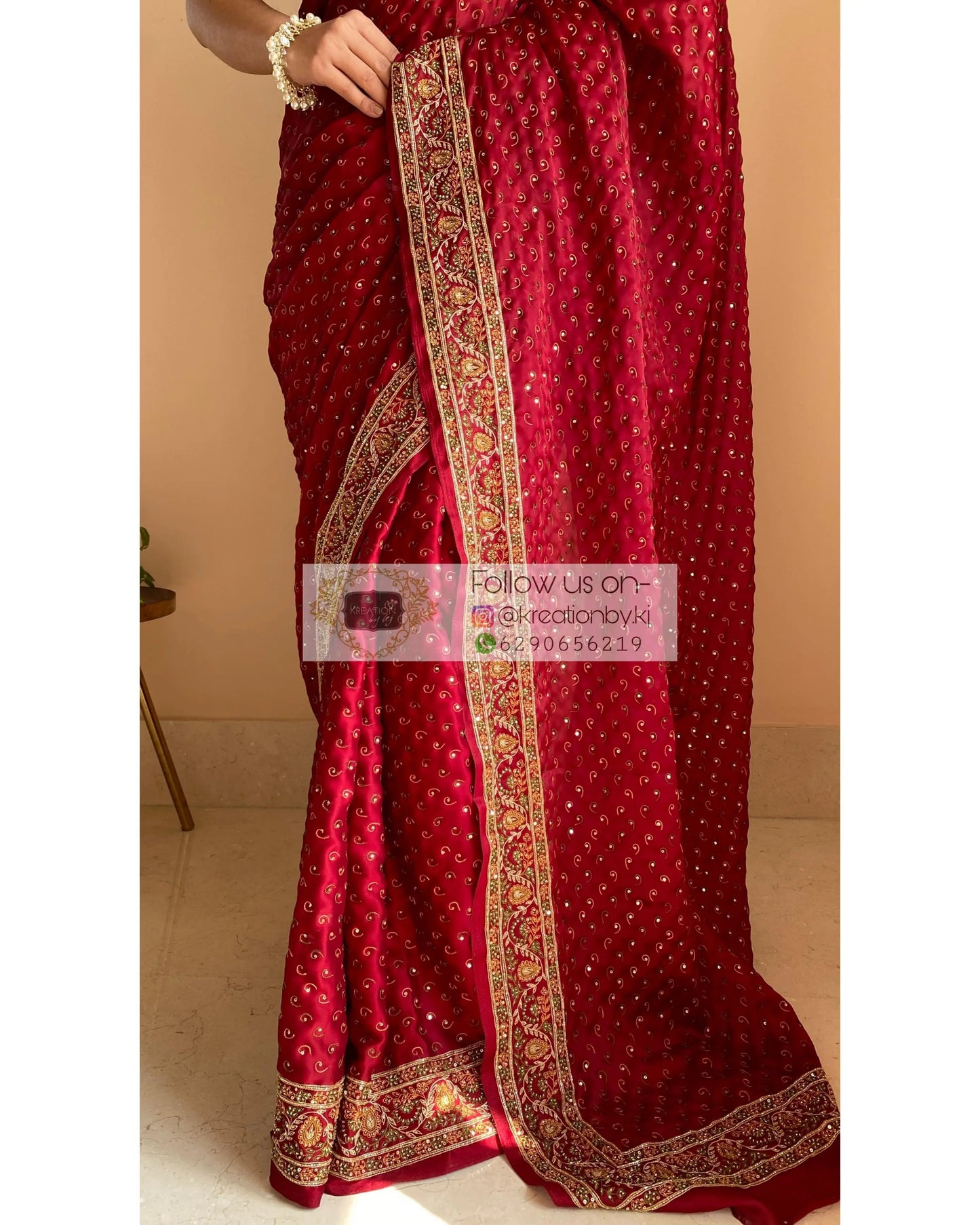 Maroon Bridal Handembroidered Saree - kreationbykj