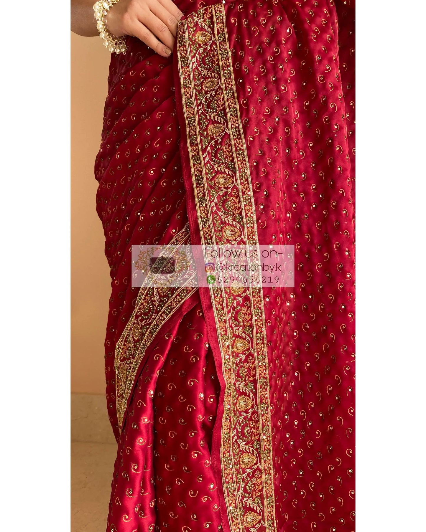 Maroon Bridal Handembroidered Saree - kreationbykj