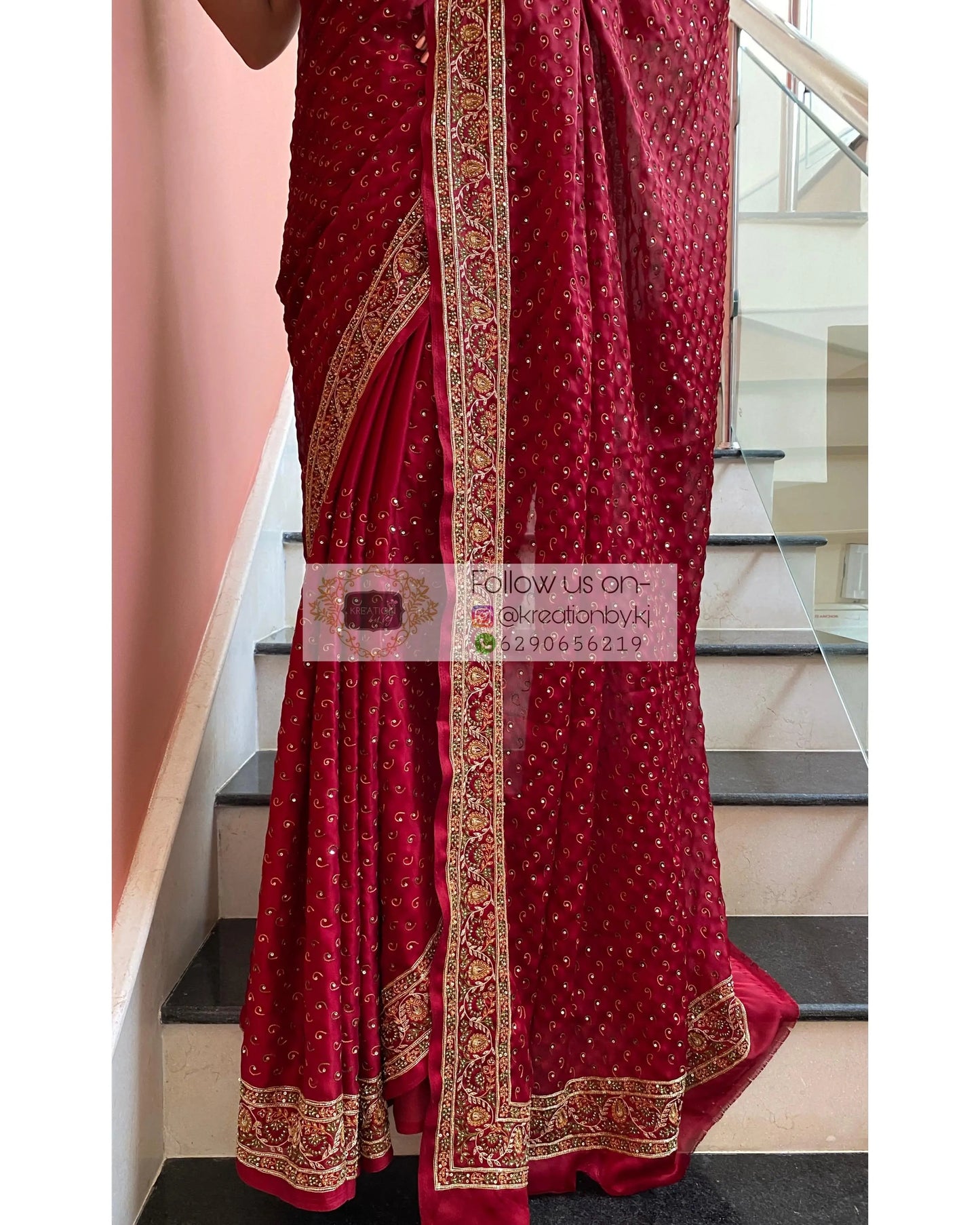 Maroon Bridal Handembroidered Saree - kreationbykj
