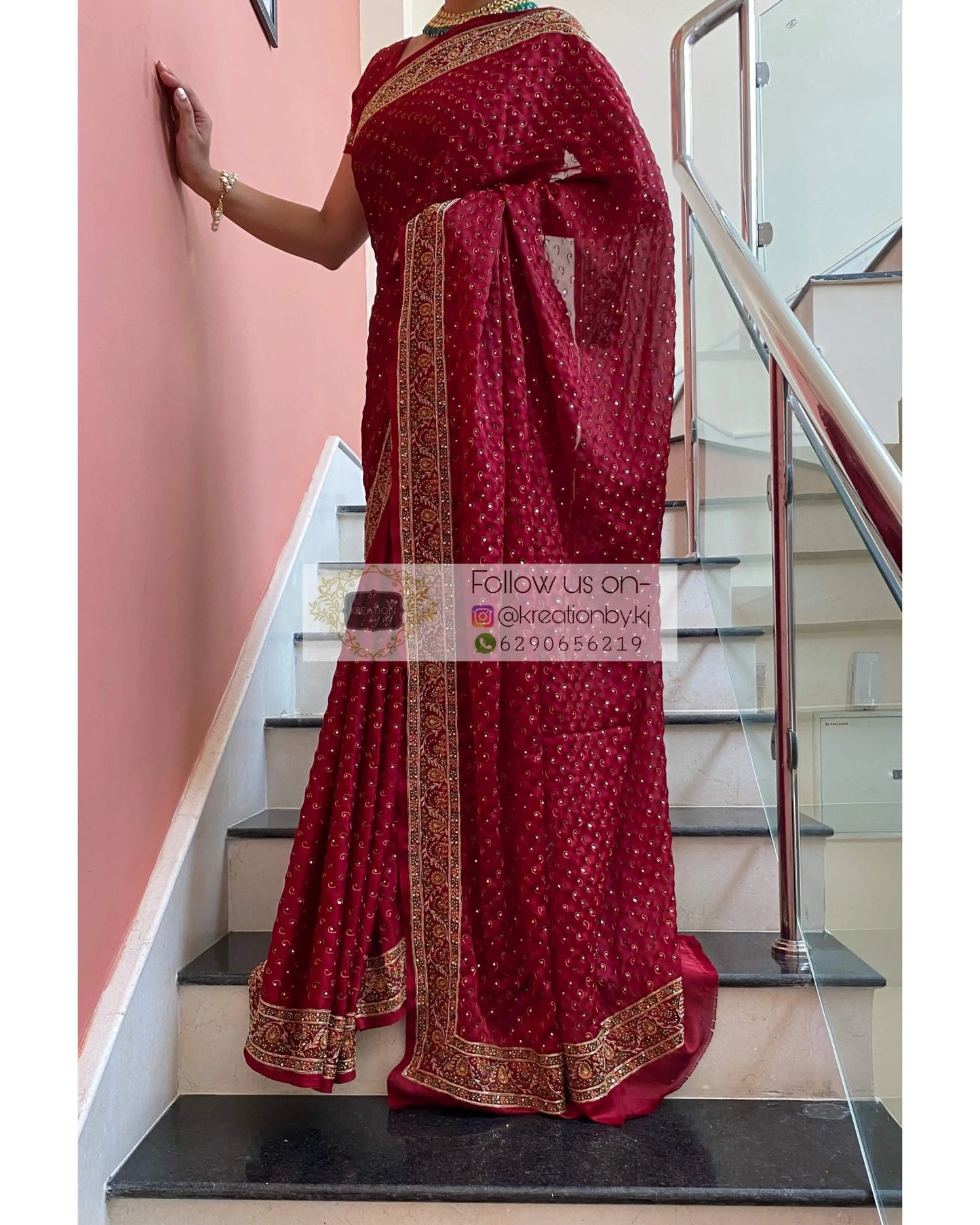 Maroon Bridal Handembroidered Saree - kreationbykj