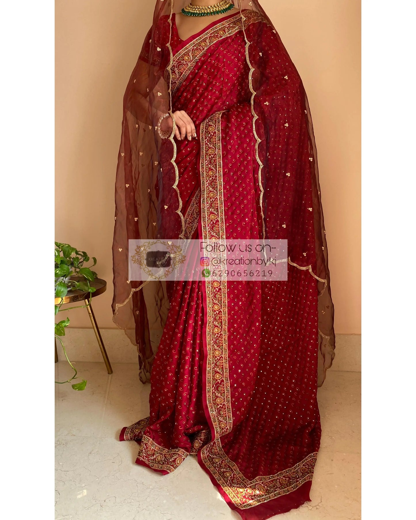 Maroon Bridal Handembroidered Saree - kreationbykj
