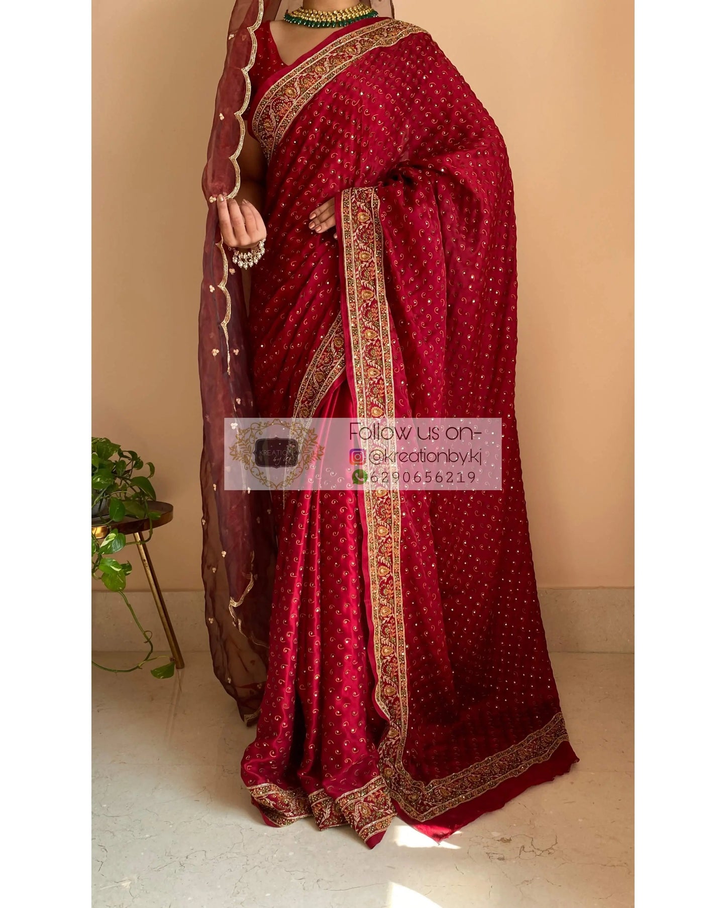 Maroon Bridal Handembroidered Saree - kreationbykj