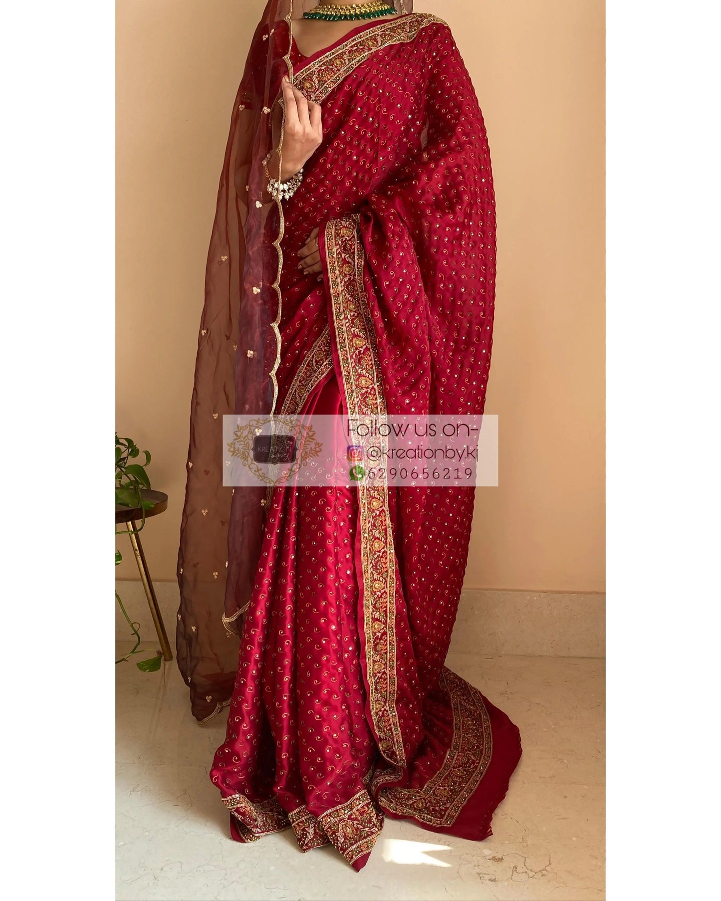 Maroon Bridal Handembroidered Saree - kreationbykj