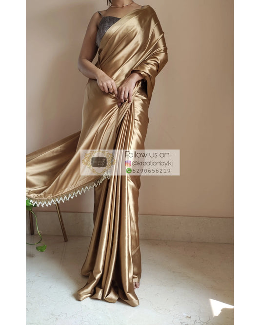 Champagne Gold Satin Silk Saree With Handmade Tassels On Pallu - kreationbykj