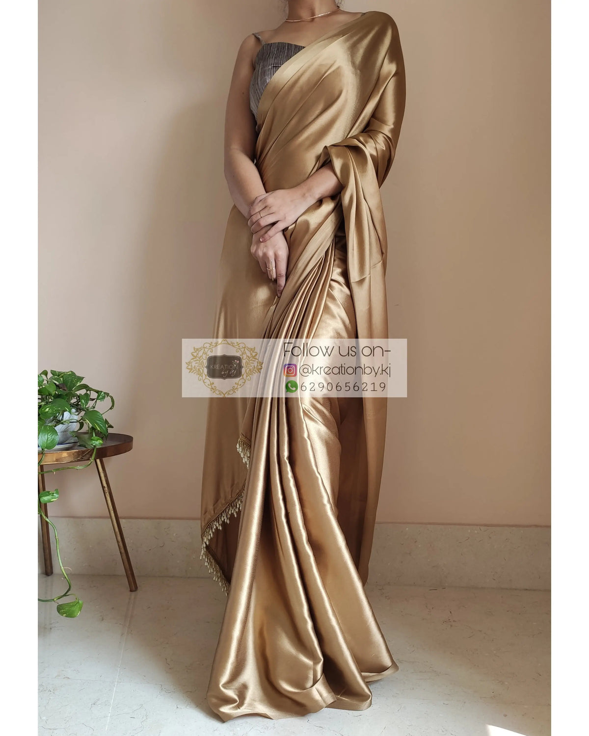 Champagne Gold Satin Silk Saree With Handmade Tassels On Pallu - kreationbykj