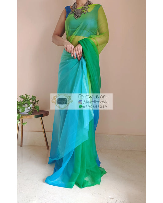 Blue And Green Ombré Dip Dyed Net Saree - kreationbykj