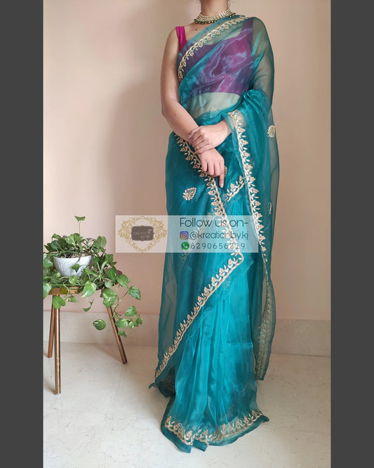 Teal Blue Glass Tissue Saree With Gota Patti Border - kreationbykj