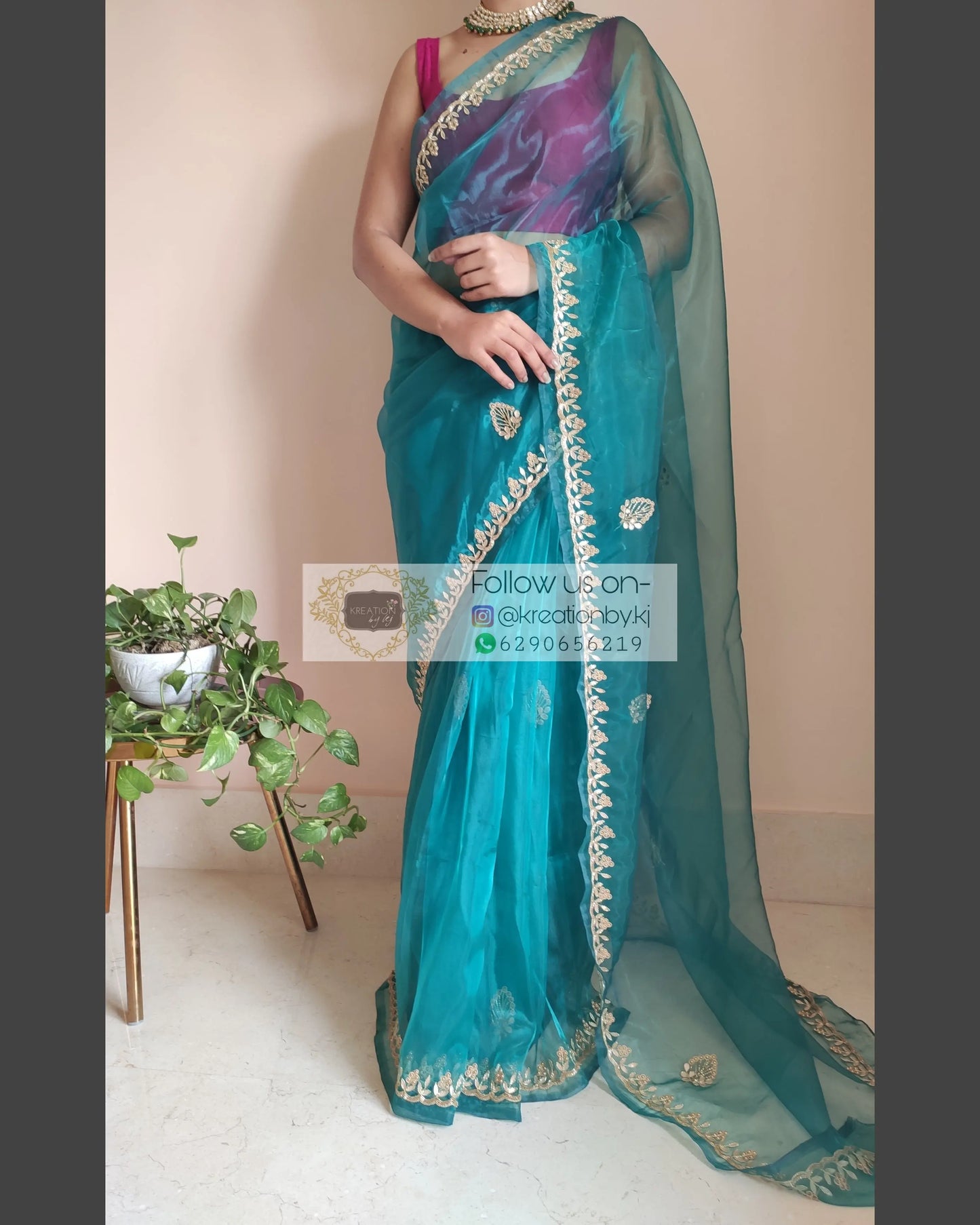 Teal Blue Glass Tissue Saree With Gota Patti Border - kreationbykj