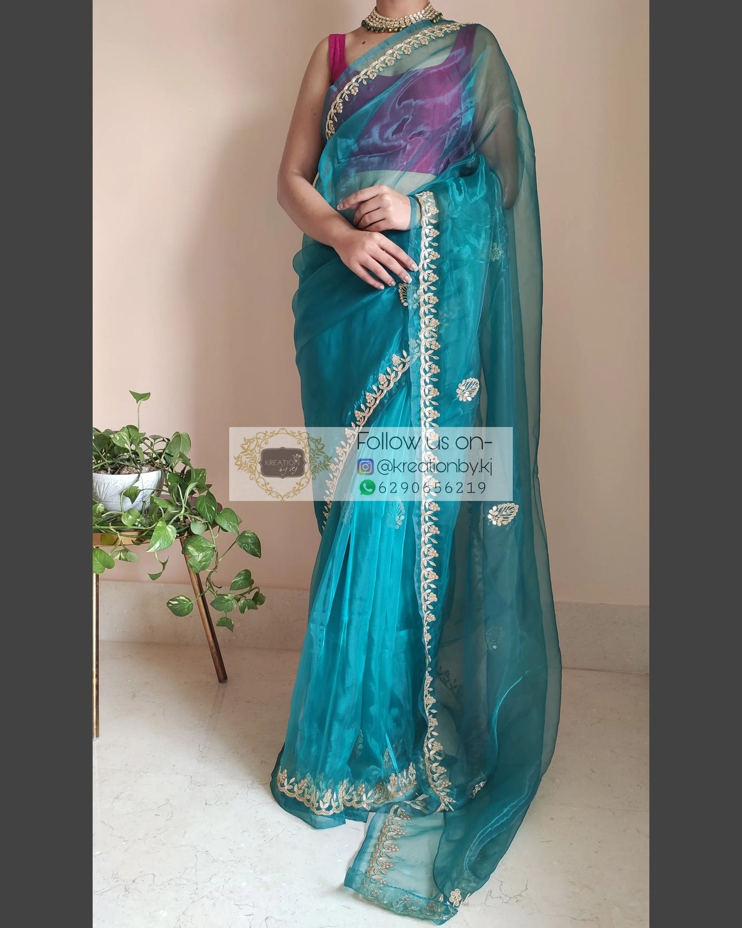 Teal Blue Glass Tissue Saree With Gota Patti Border - kreationbykj
