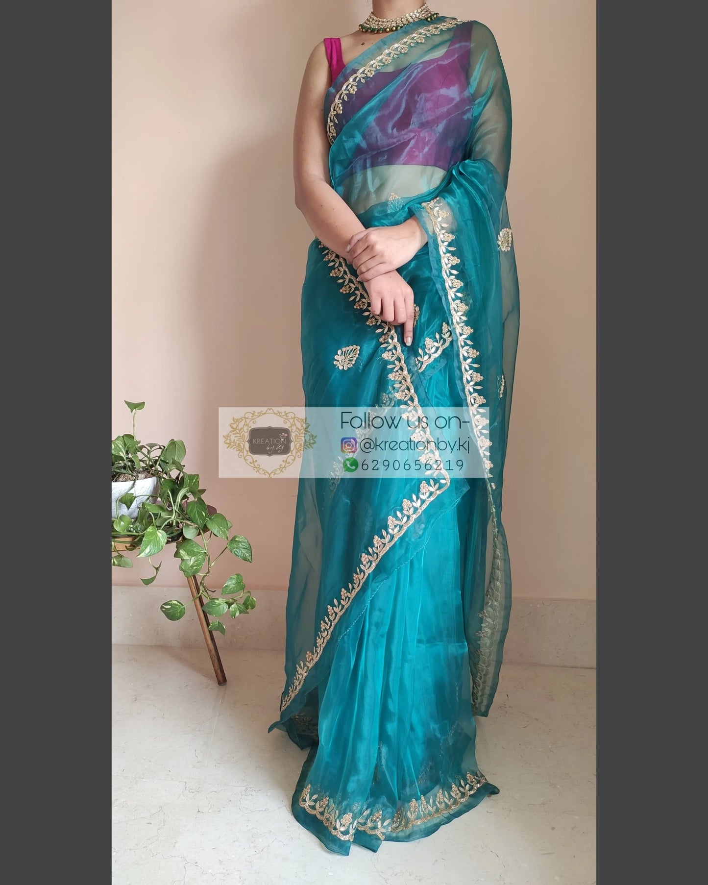 Teal Blue Glass Tissue Saree With Gota Patti Border - kreationbykj