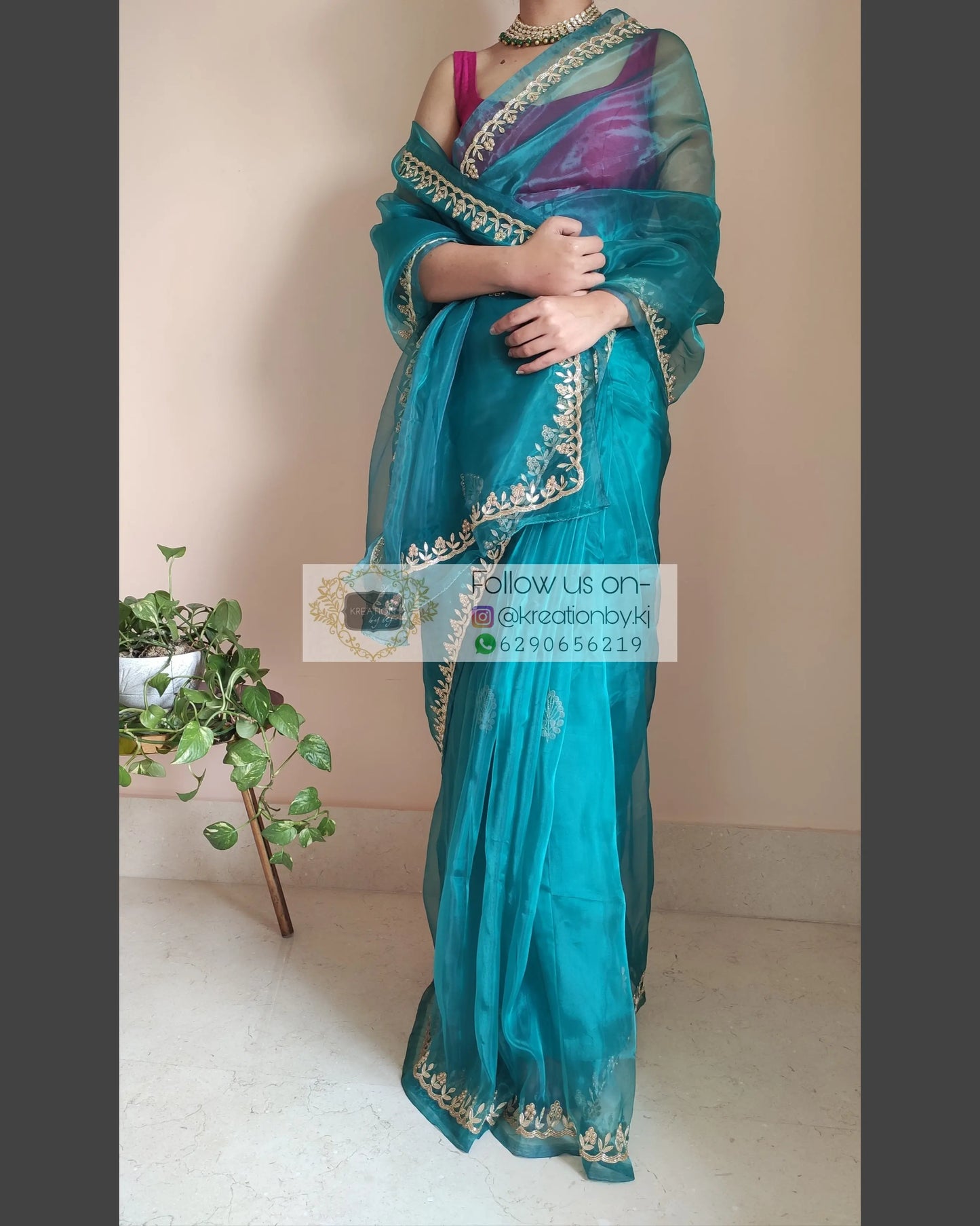 Teal Blue Glass Tissue Saree With Gota Patti Border - kreationbykj