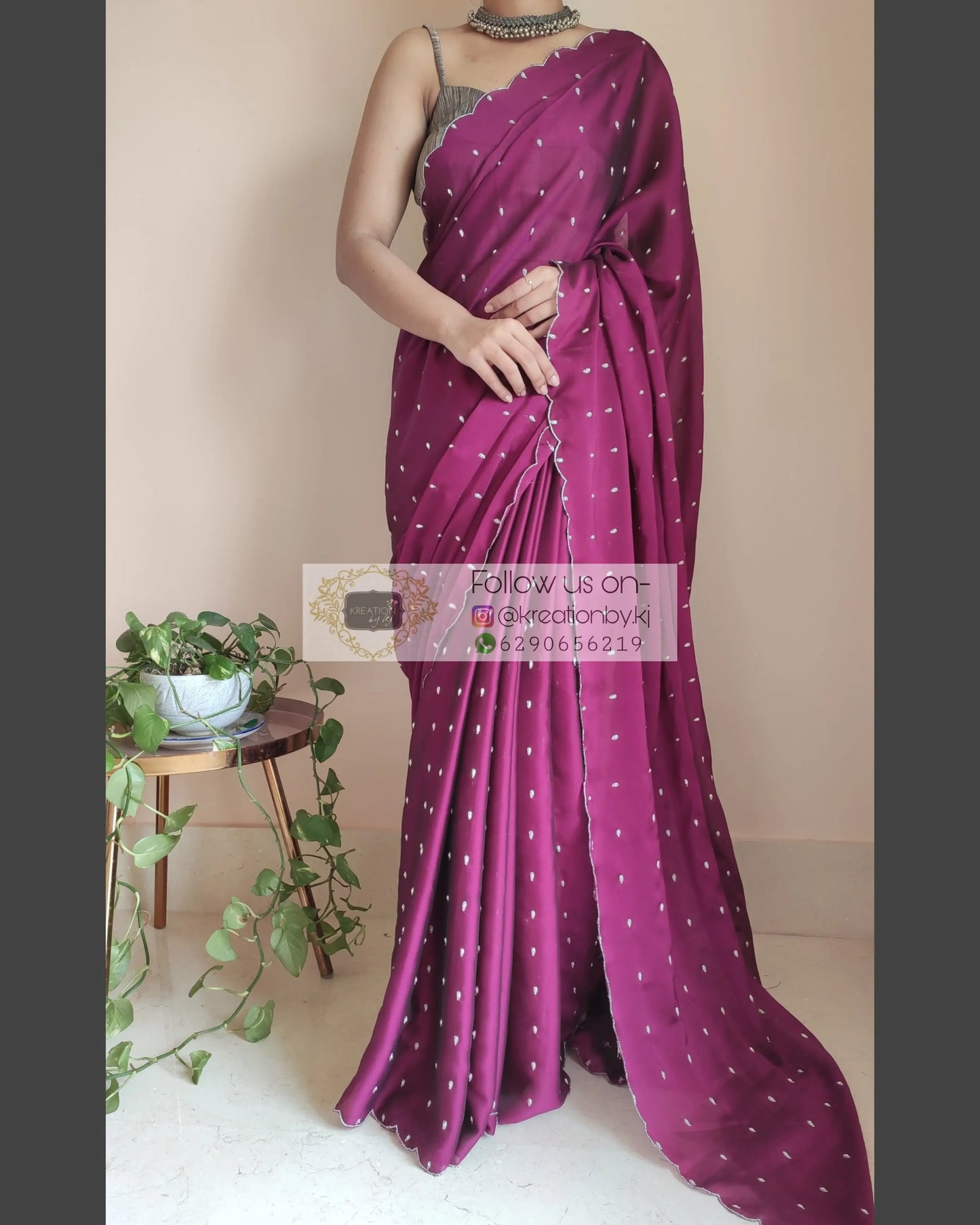 Wine Georgette Silk Saree With Zardosi Dabka Motifs - kreationbykj