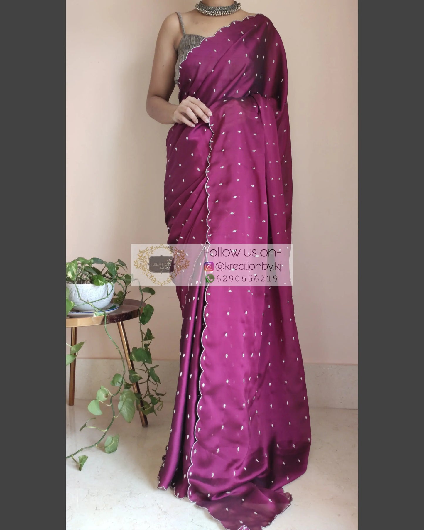 Wine Georgette Silk Saree With Zardosi Dabka Motifs - kreationbykj