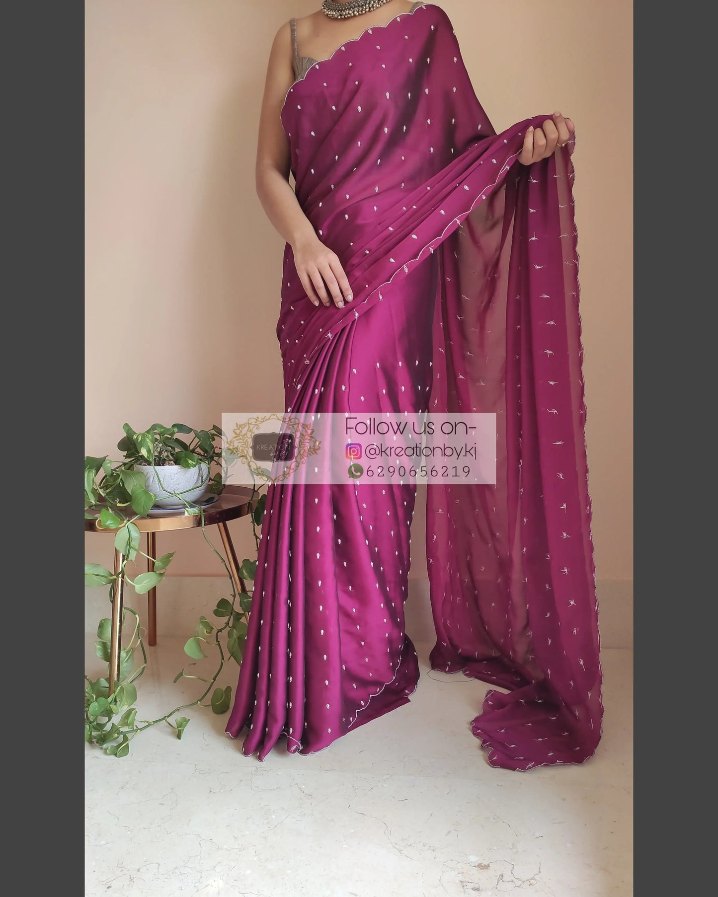 Wine Georgette Silk Saree With Zardosi Dabka Motifs - kreationbykj