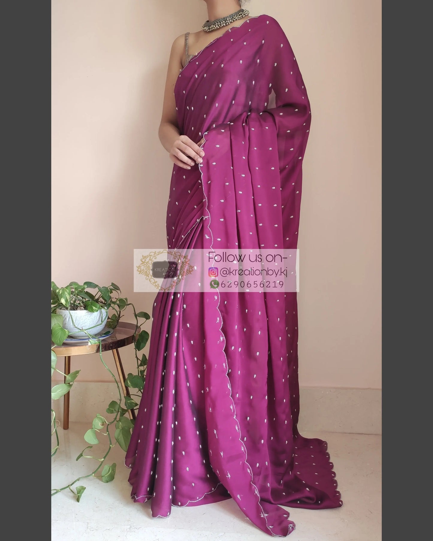 Wine Georgette Silk Saree With Zardosi Dabka Motifs - kreationbykj
