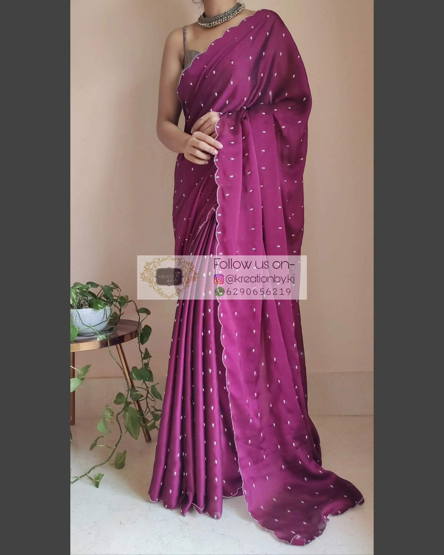 Wine Georgette Silk Saree With Zardosi Dabka Motifs - kreationbykj