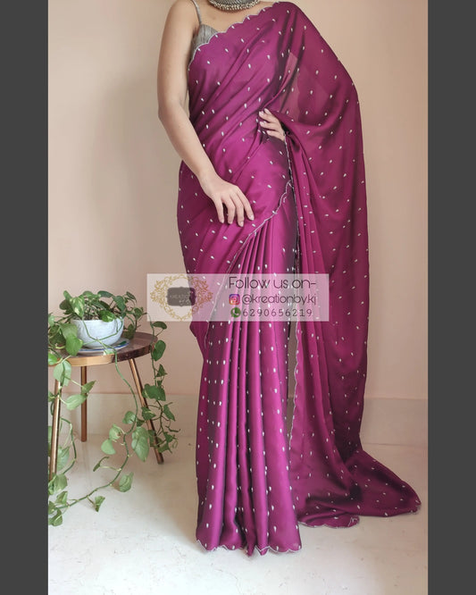 Wine Georgette Silk Saree With Zardosi Dabka Motifs - kreationbykj