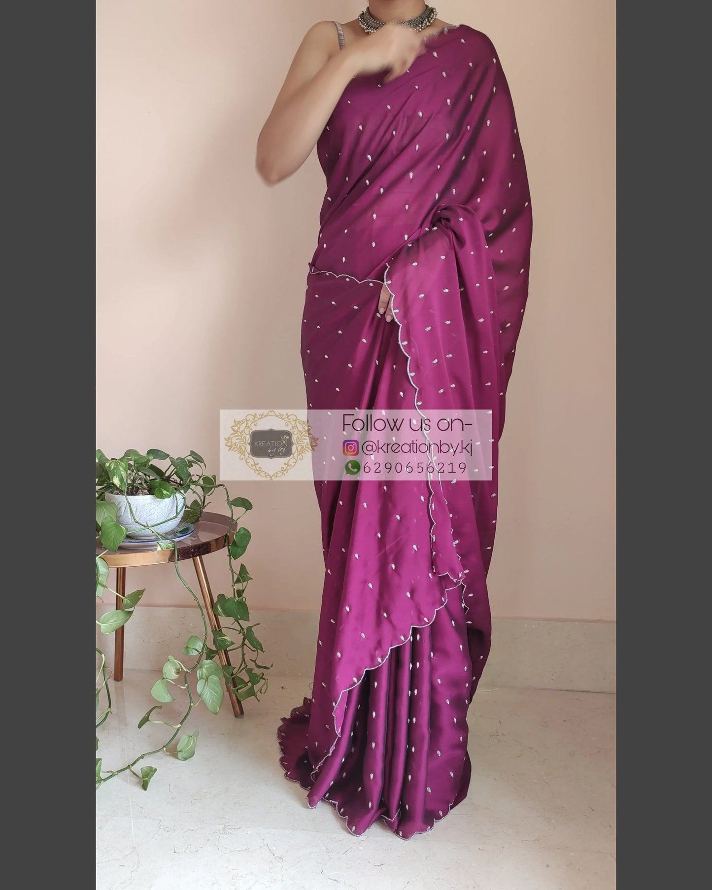 Wine Georgette Silk Saree With Zardosi Dabka Motifs - kreationbykj