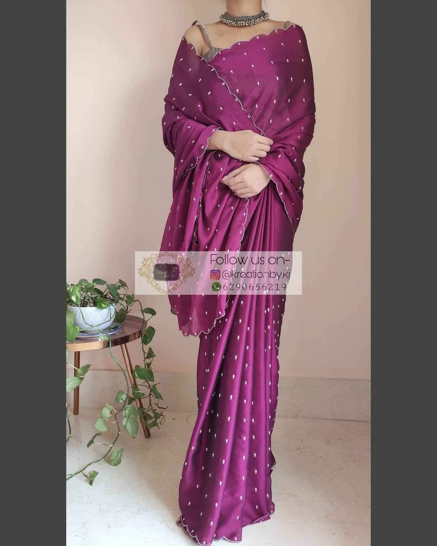 Wine Georgette Silk Saree With Zardosi Dabka Motifs - kreationbykj