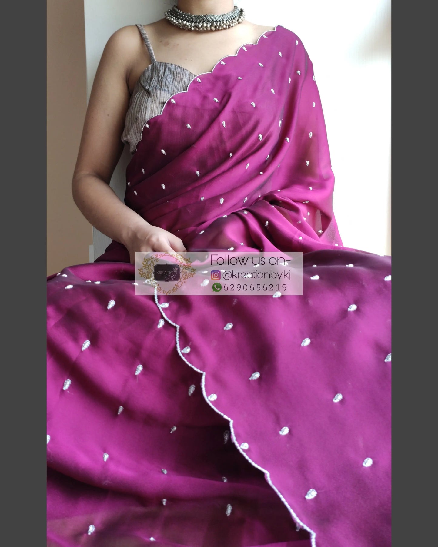 Wine Georgette Silk Saree With Zardosi Dabka Motifs - kreationbykj