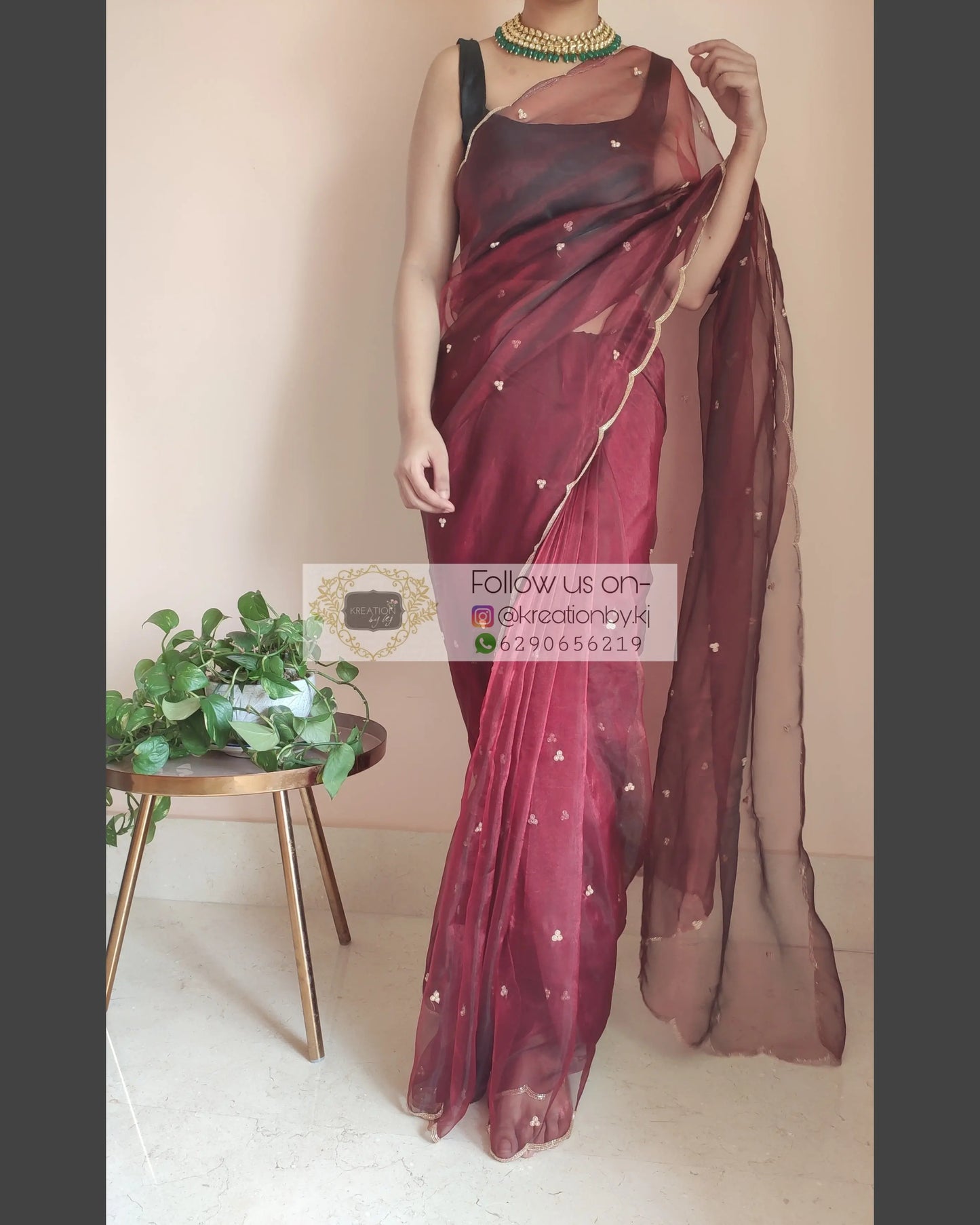 Maroon glass tissue saree with Handembroidered scalloping - kreationbykj